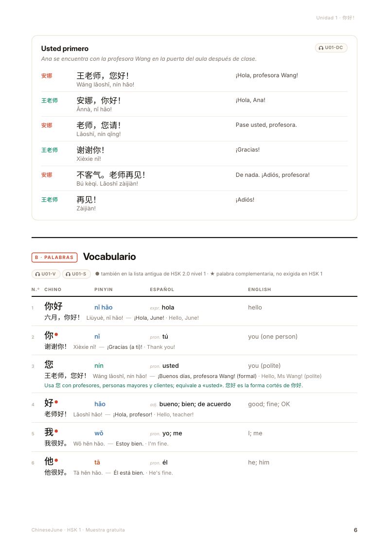 Cada palabra con su pinyin y una oración de ejemplo